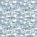 Seamless pattern with cute doodle sardines in the water